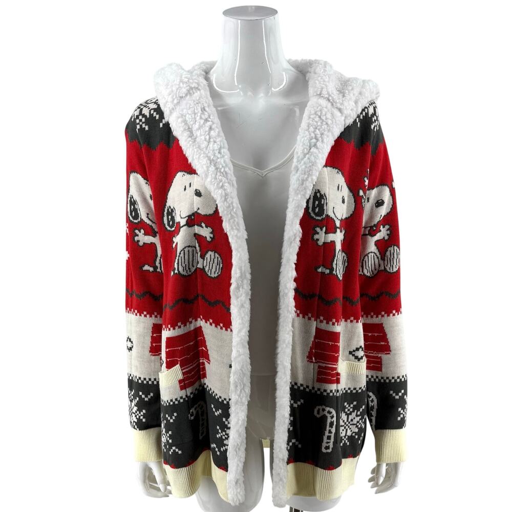 Peanuts Hot Topic Christmas Sweater Size S/M Red White Black Snoopy Fleece Trim